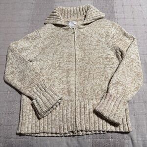 Worthington Chunky Knit Collared Full Zip Sweater Beige Ivory Women's Size S